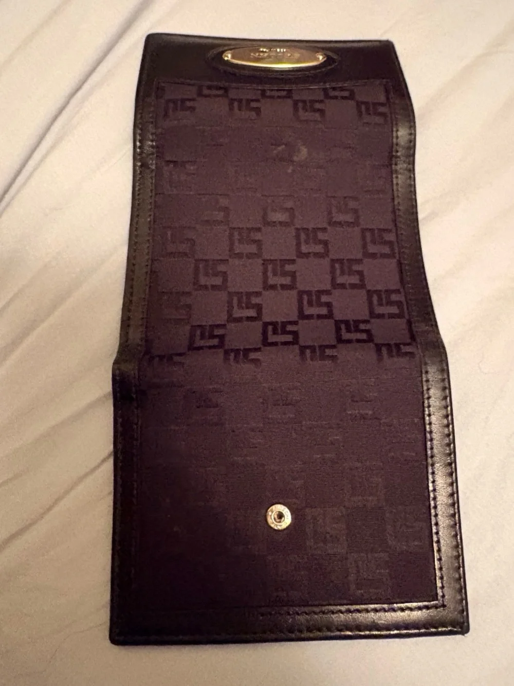 VINTAGE ST. JOHN Made in Italy Black Monogram Leather Oversized Wallet Gold Hard
